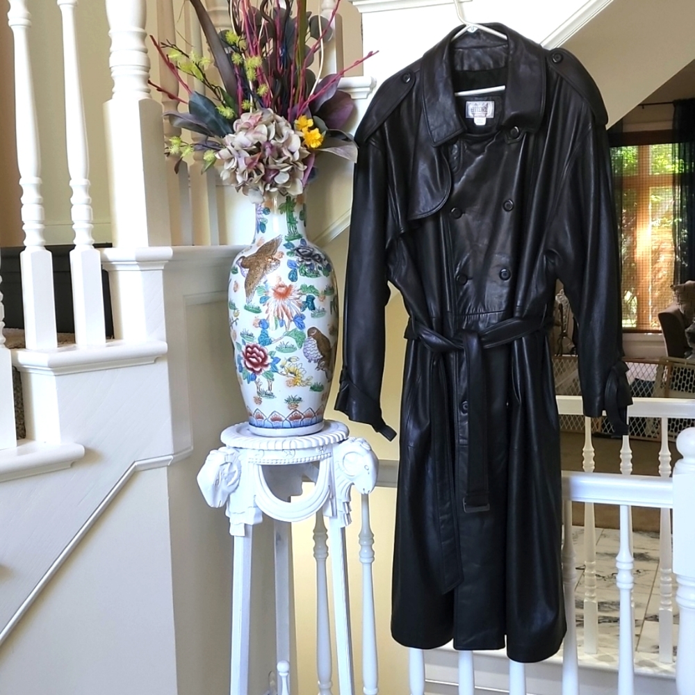 ANDRE Creations de Cuir Mens 2XL Leather Trench Coat Black